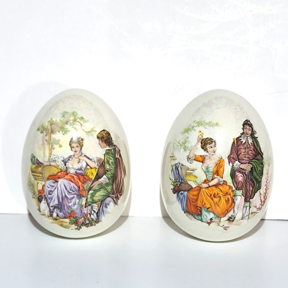 Unbranded Ceramic Iridescent Pearl Victorian Couple Garden Scene Eggs Set of 2